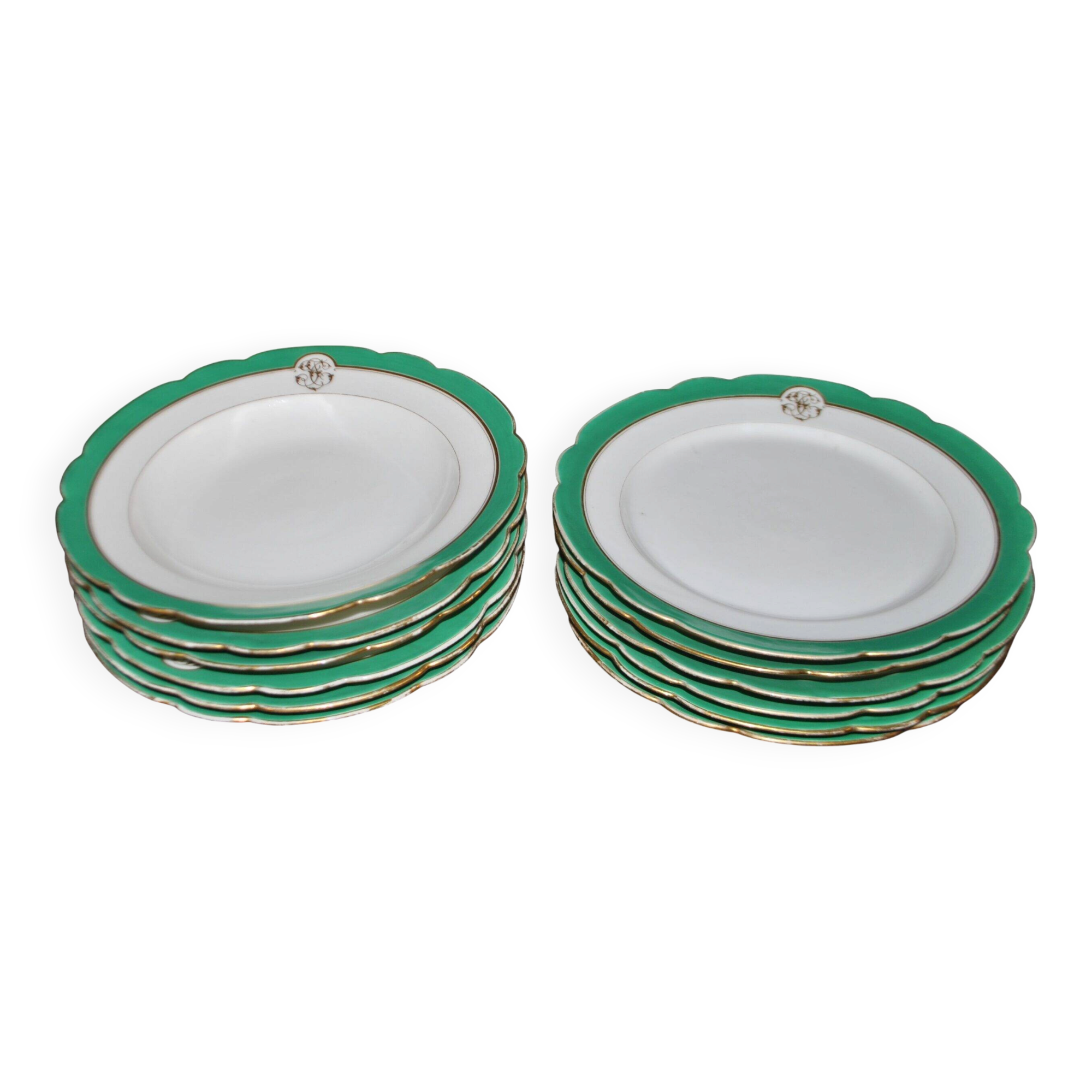 Paris porcelain set of 6 flat plates and 6 deep plates with JC gold monogram.