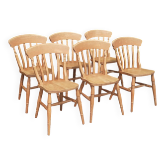 Set of 6 English bistro chairs in solid pine wood