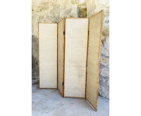 Vintage screen with 4 leaves in bamboo and woven rattan - 1950