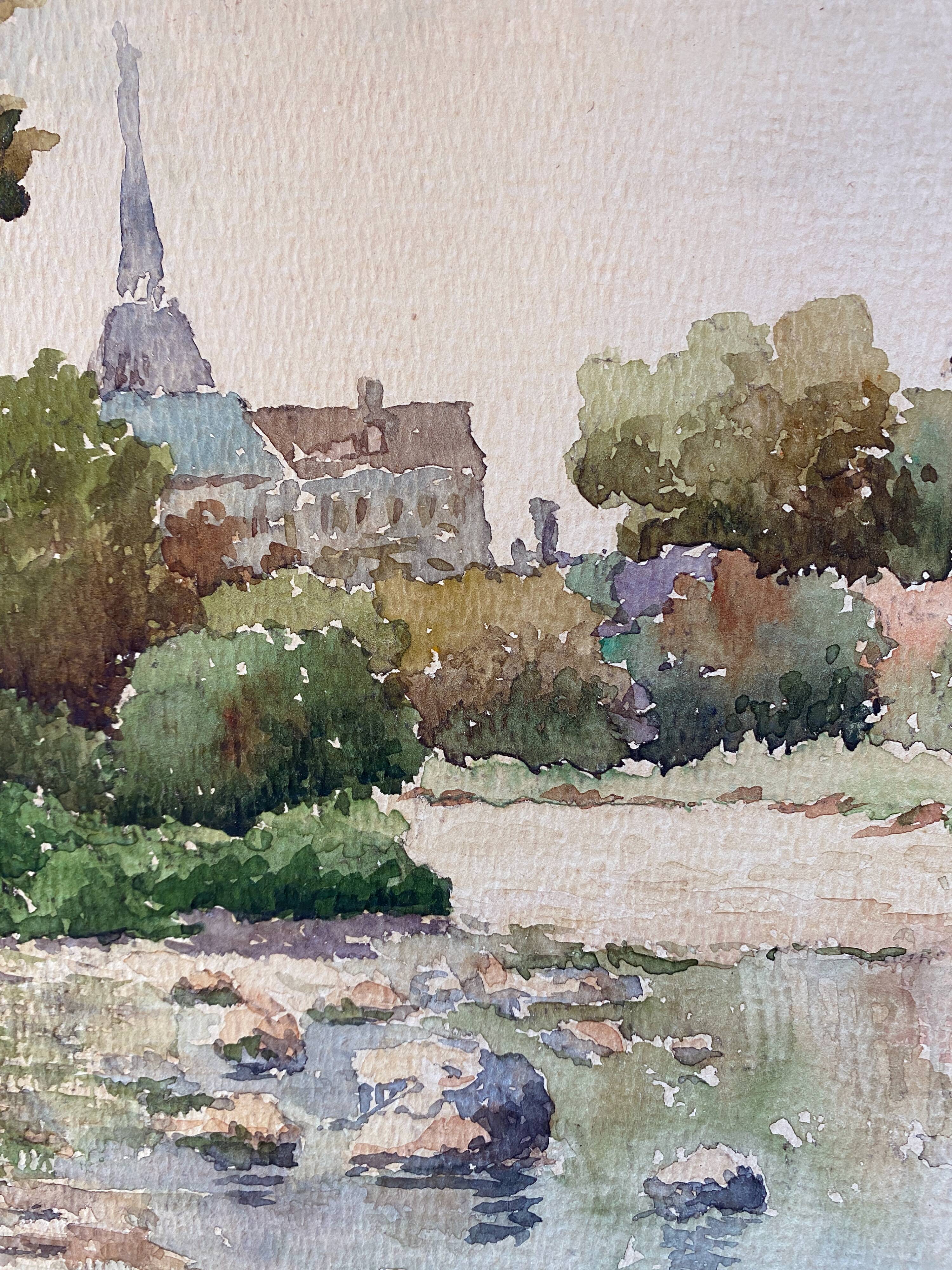 Painting "the village with the bell tower" by charton-desmazieres (xix-xx) watercolor