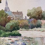 Painting "the village with the bell tower" by charton-desmazieres (xix-xx) watercolor