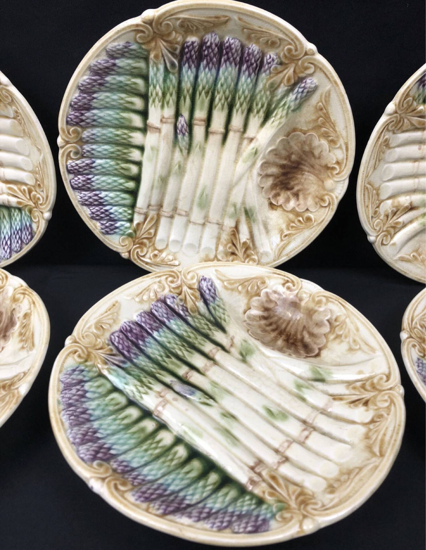 Set of 6 vintage Barbotine asparagus plates
