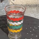 Vase en verre transparent et dore et lignes sérigraphies rouge, blanc, vert et jaune vintage 1960