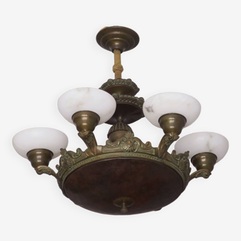 Antique bronze and alabaster 6-light chandelier, 1910