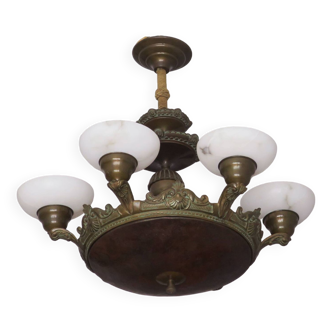 Antique bronze and alabaster 6-light chandelier, 1910
