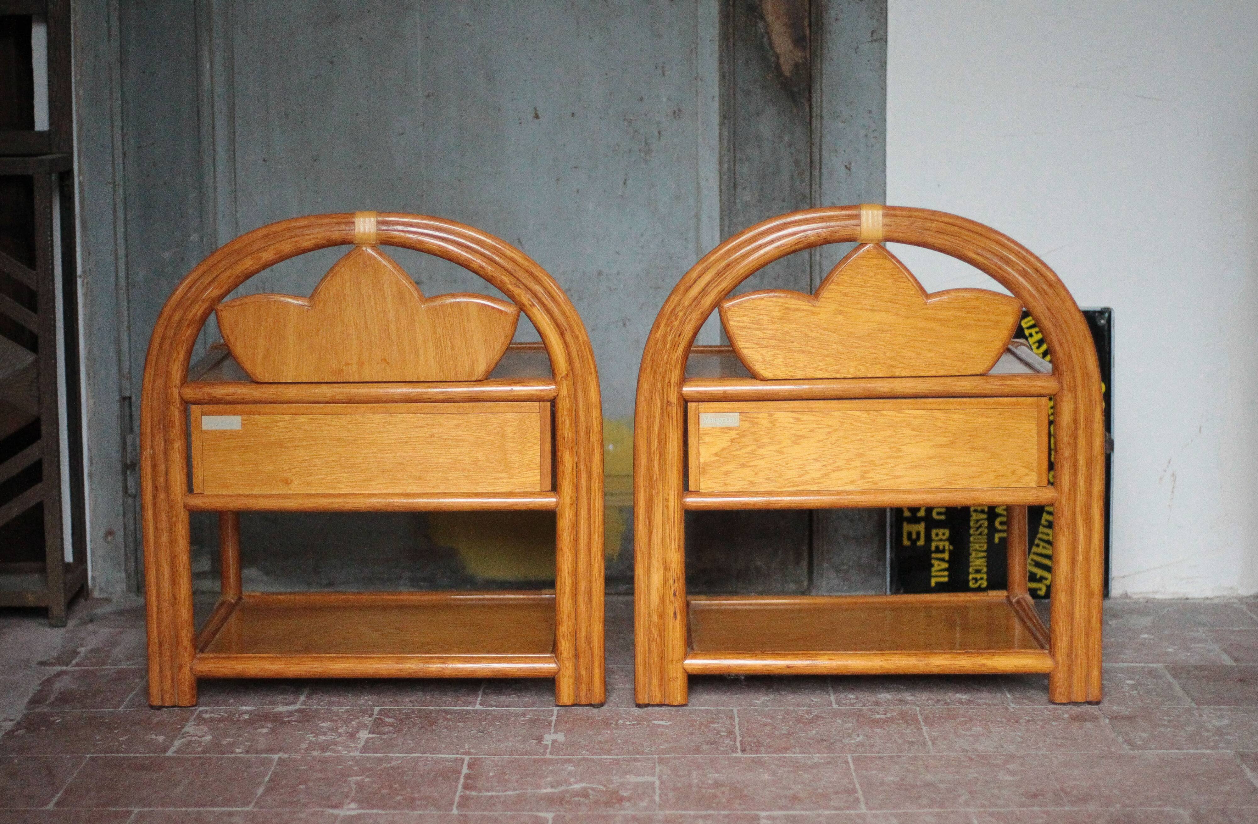 Paire de table rotin Maugrion pour Roche Bobois, table de chevet rotin