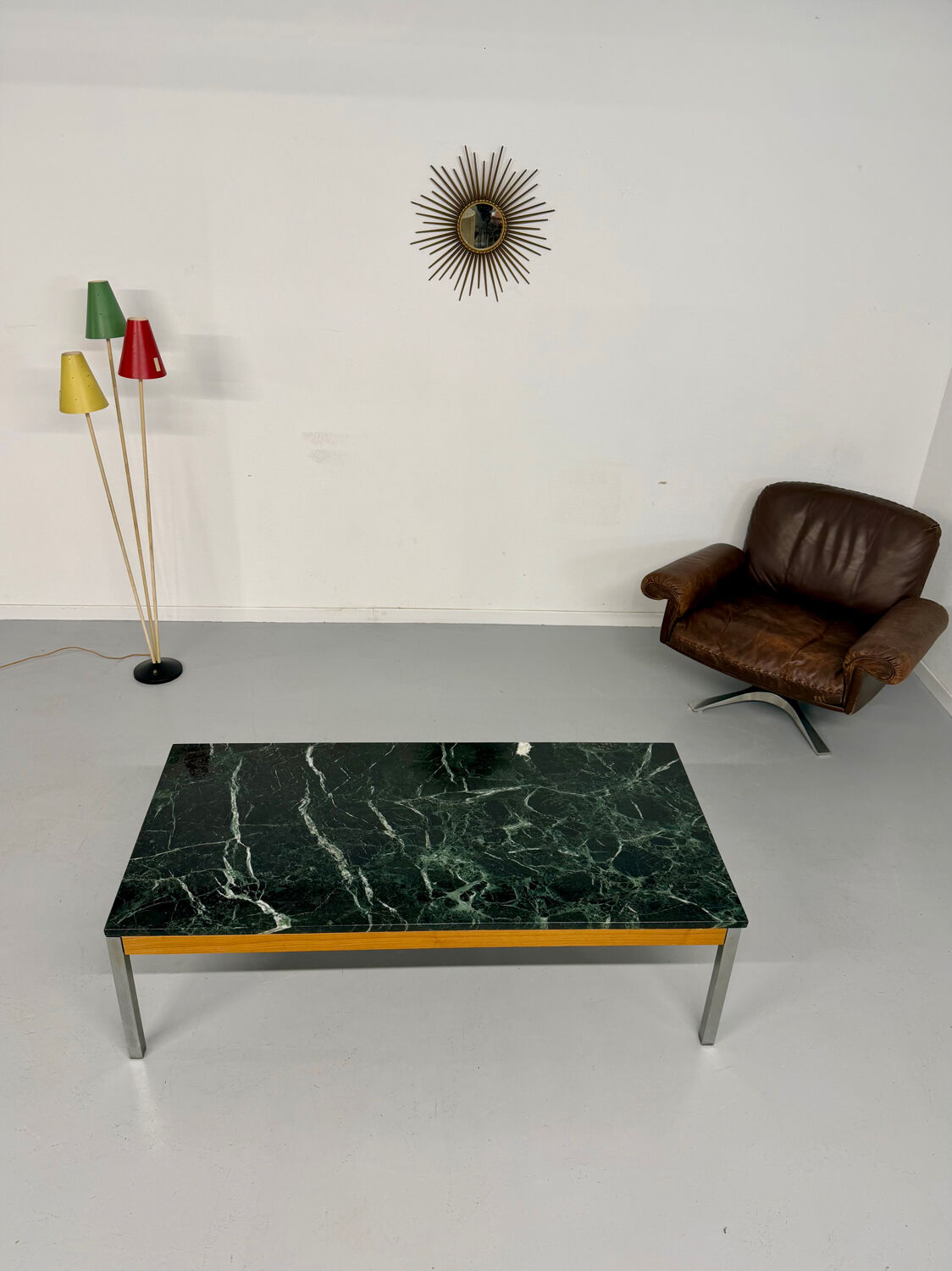 Vintage 1960s Italian design green marble and metal coffee table.
