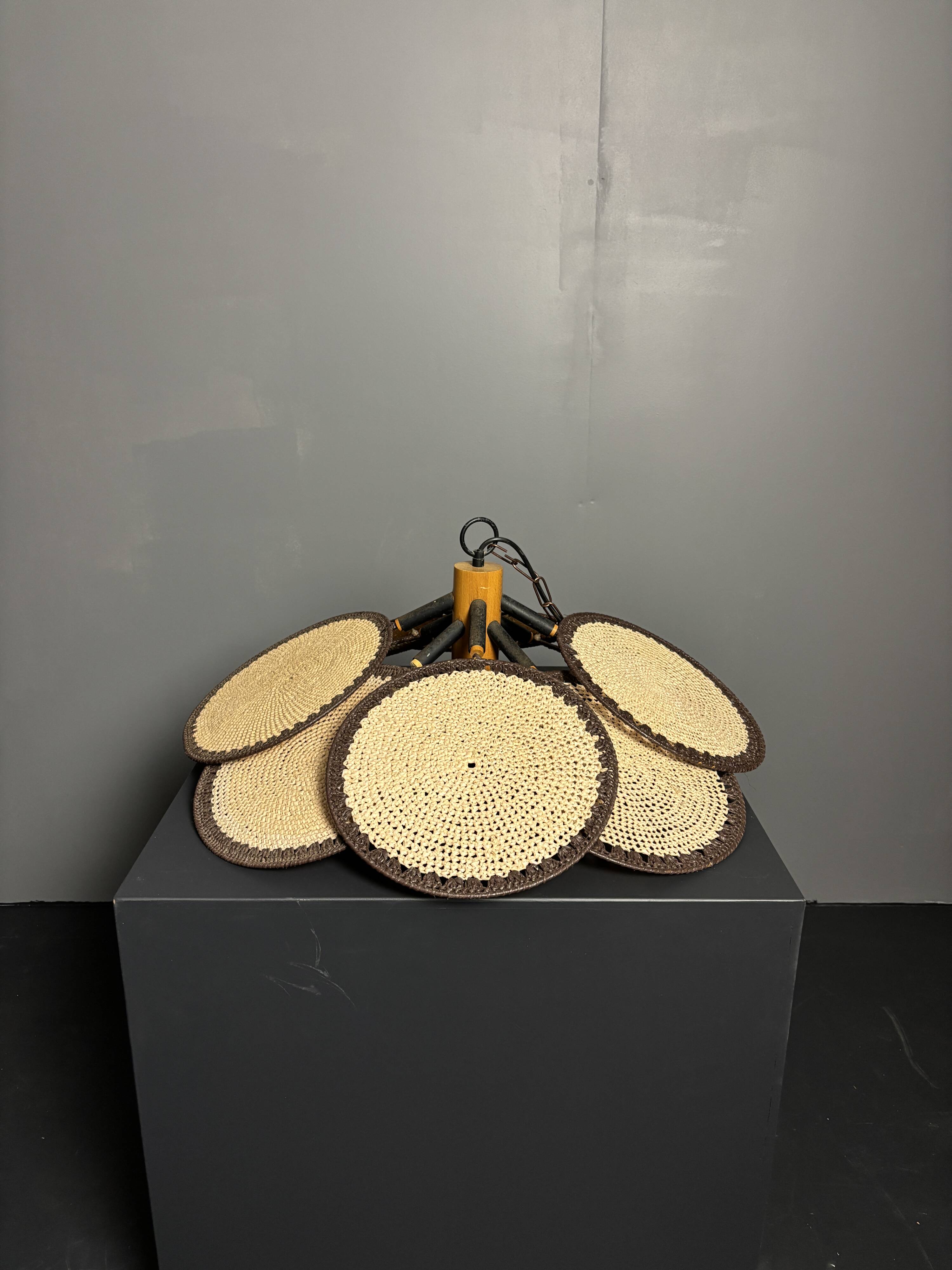 Midcentury uchiwa fan macrame fiber rattan hanging pendant lamp, 1970s