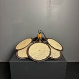 Midcentury uchiwa fan macrame fiber rattan hanging pendant lamp, 1970s