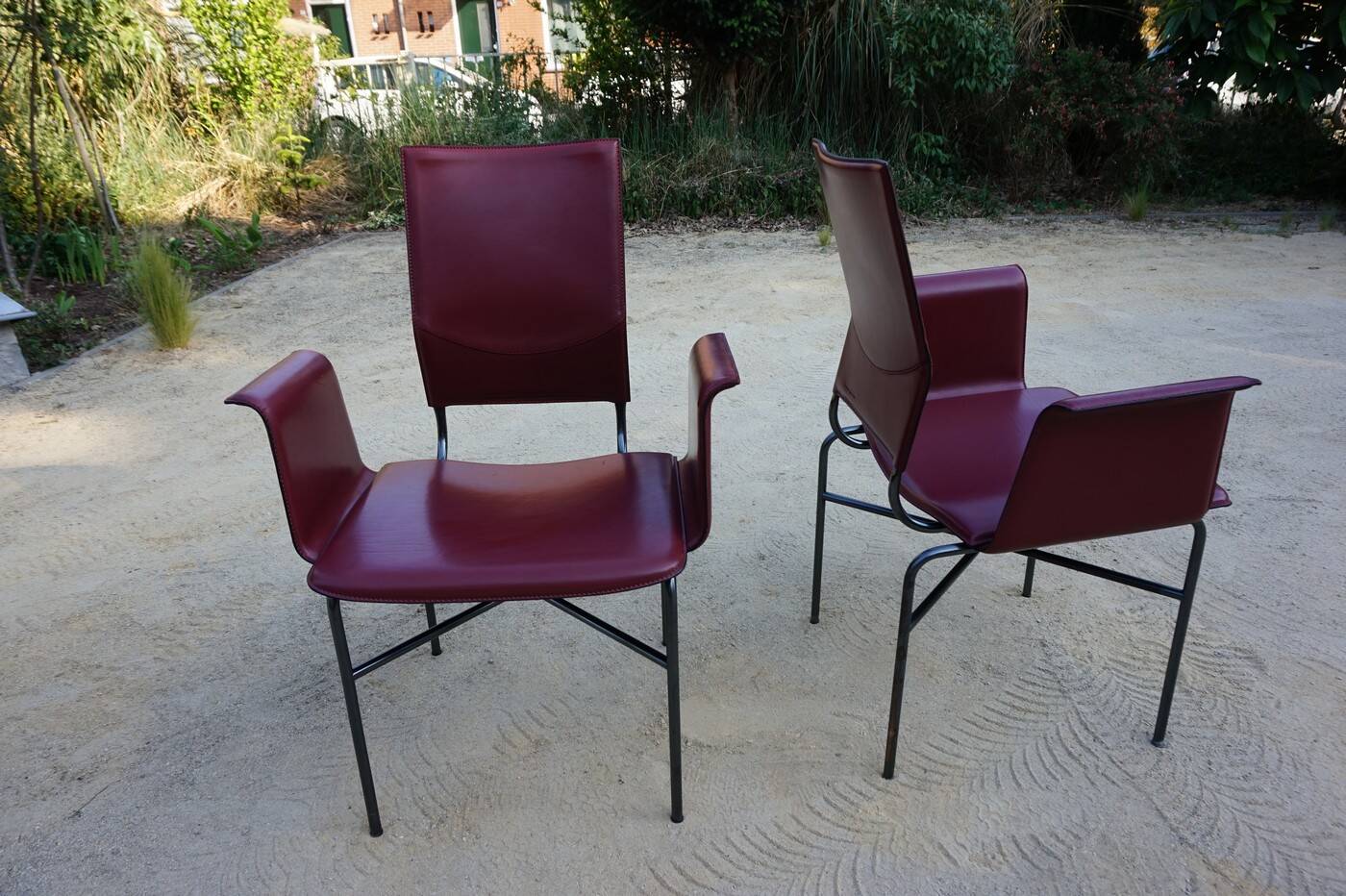 Ross Littell for Matteo Grassi Armchairs Bordeaux Leather & Steel, set of 2