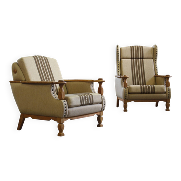 Oak low and high back lounge chairs in the style of Henning Kjærnulf, Denmark, 1960s, set of 2