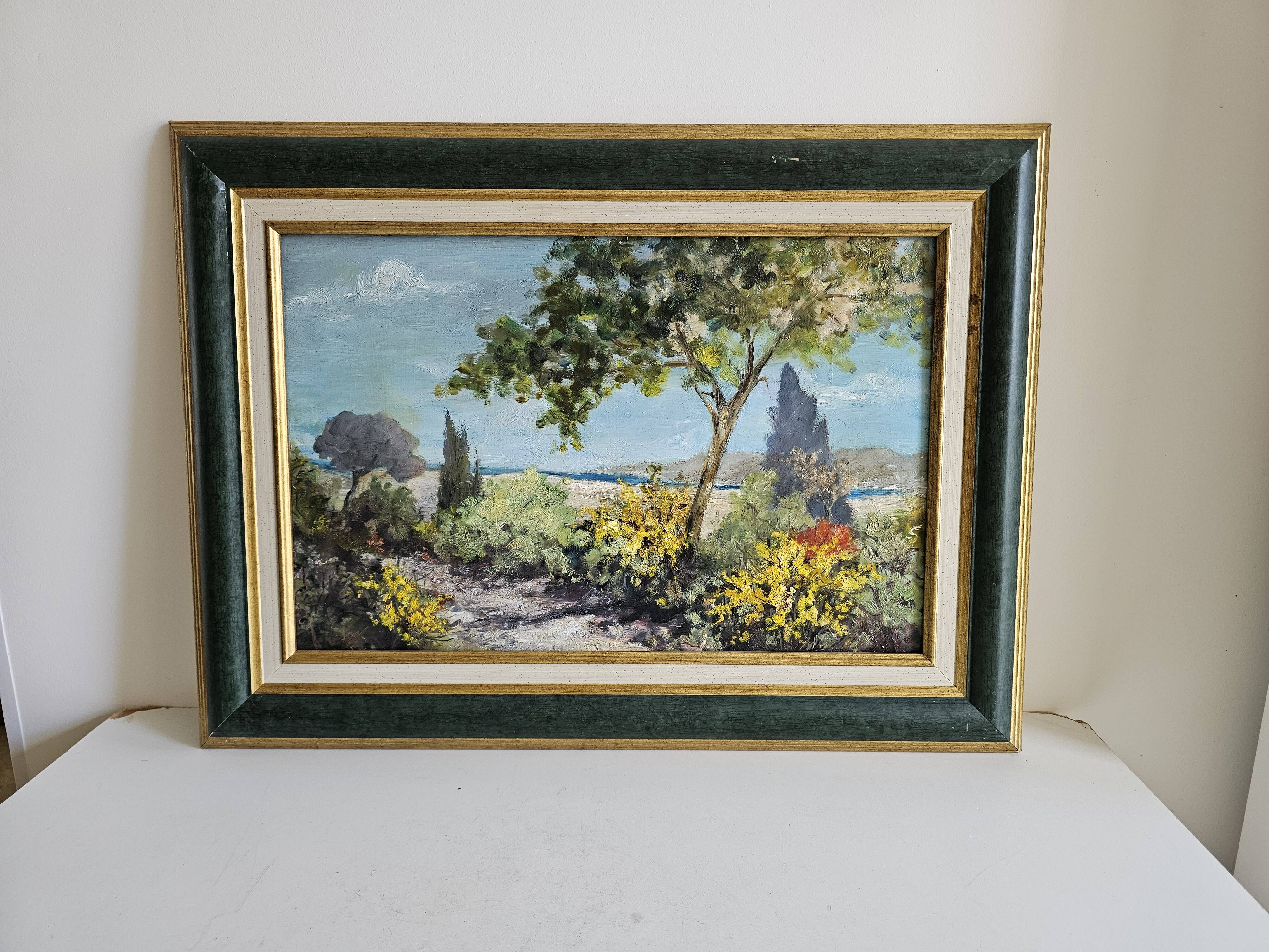 Oil painting on Isorel - Mediterranean landscape with Mimosa, signed Greuillet.