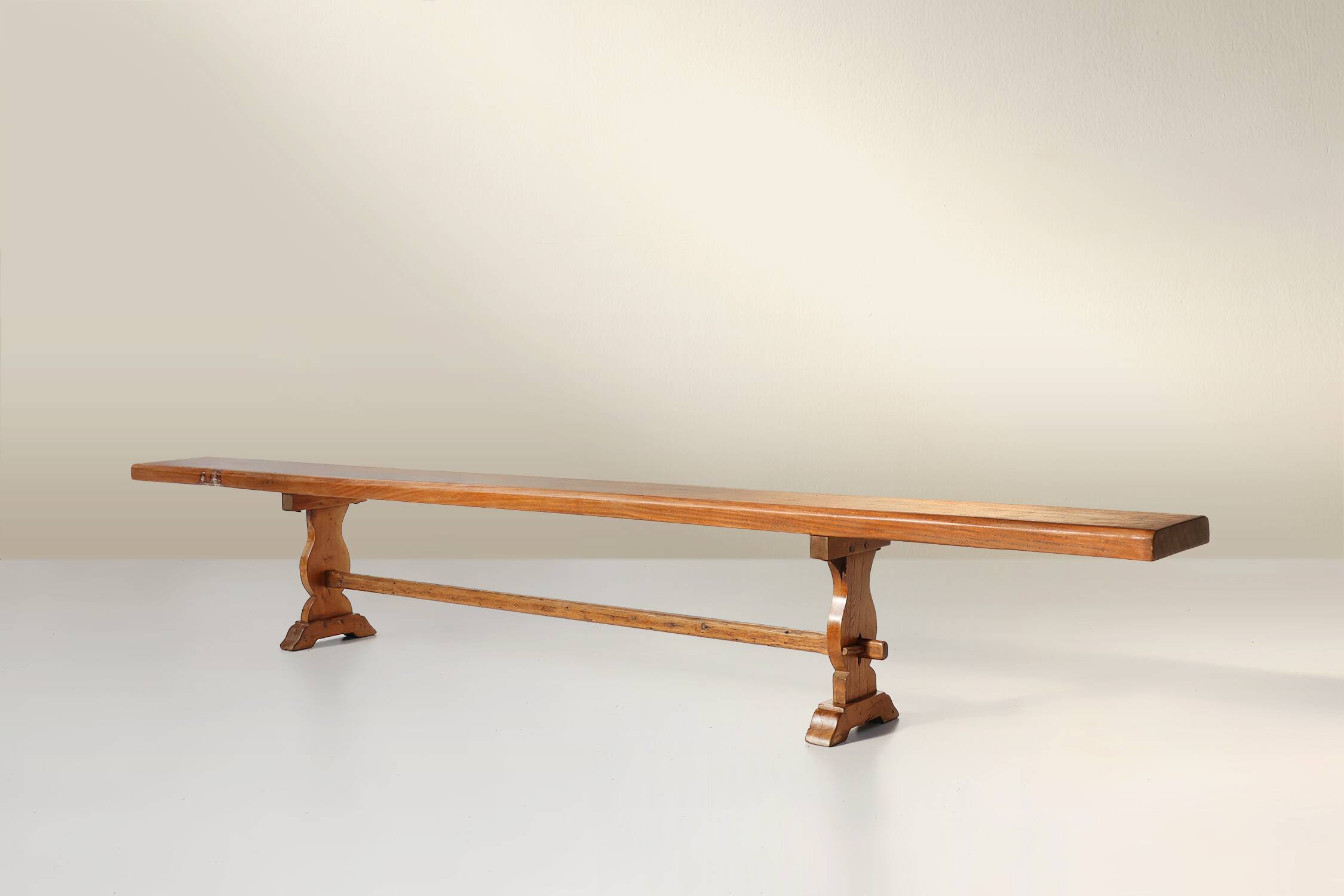 French Extra long solid elm wooden monastery bench, ca. 1850