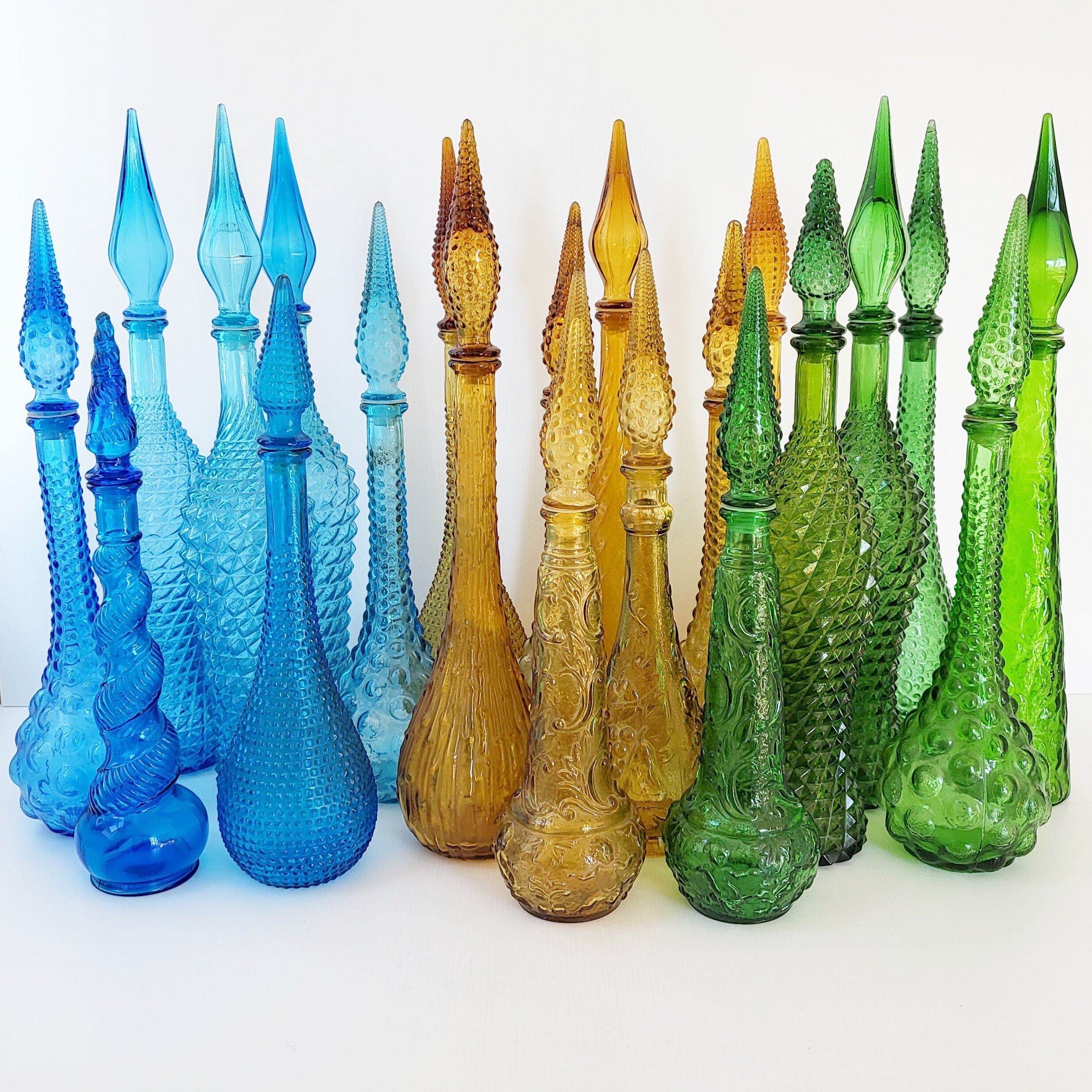 Set of 21 vintage Empoli decanters