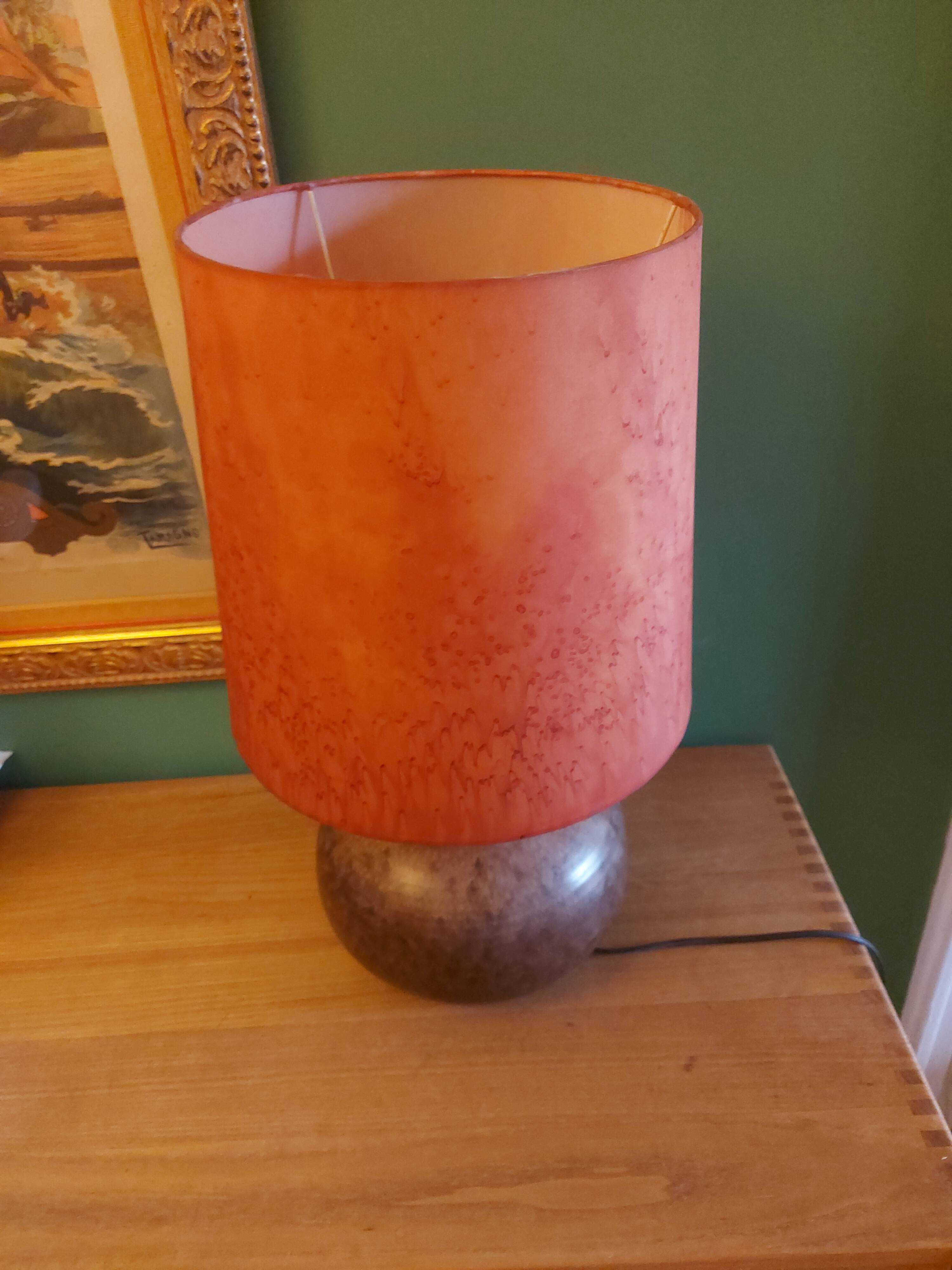 Ceramic (sandstone) lamp from the 50s, 60'S with silk lampshade