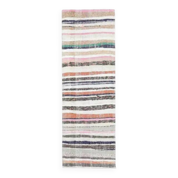 Vintage Turkish Hand-Knotted Wool Cotton White Kilim Runner Rug 78x228