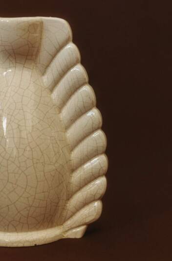 Neo-Art Deco white crackled ceramic vase with raised palmettes