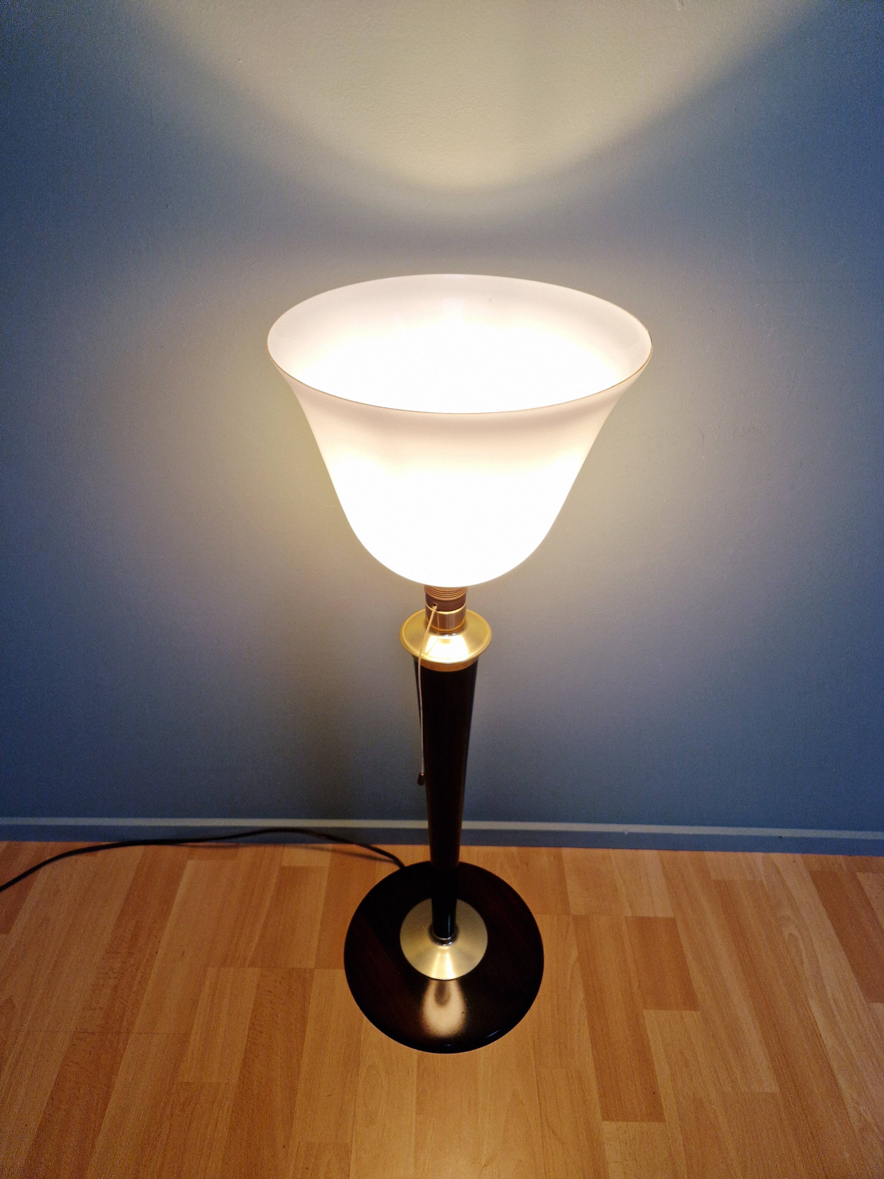 Large Art Deco Mazda lamp in wood, brass, and white opaline, 1930.