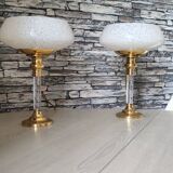 Pair of brass and Clichy glass lamps