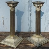 Duo of silver metal column candle holders