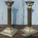 Duo of silver metal column candle holders