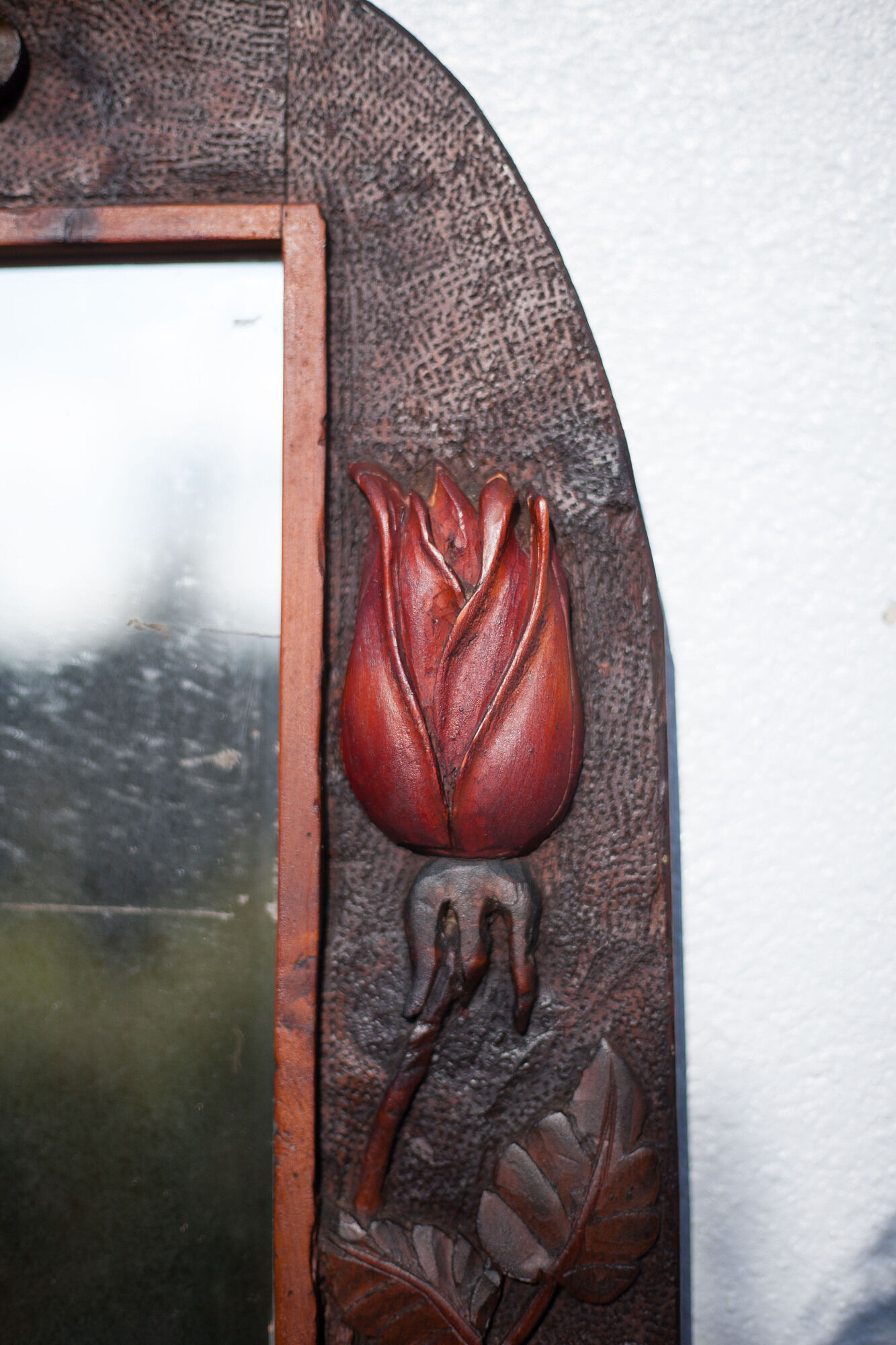 Antique wood mirror, art deco mirror, carved wood mirror tulip patterns, wall mirror, art deco