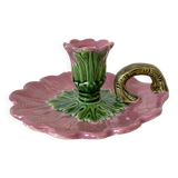 Bougeoir ancien en barbotine figurant une fleur