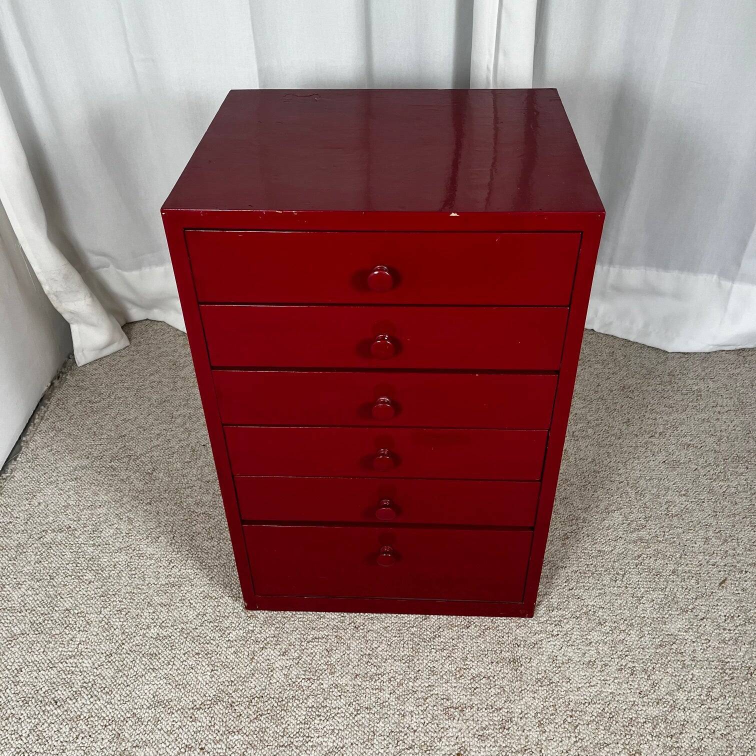 Small workshop furniture in red lacquered pine, 1980.