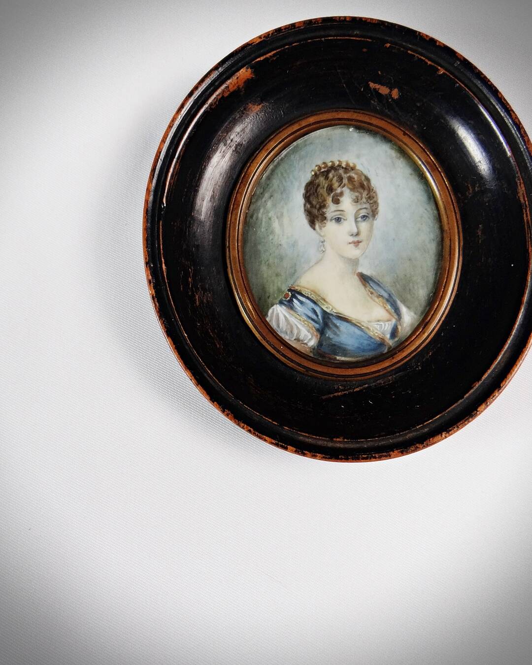 Tondo miniature portrait of a woman Empire style hand-painted gouache