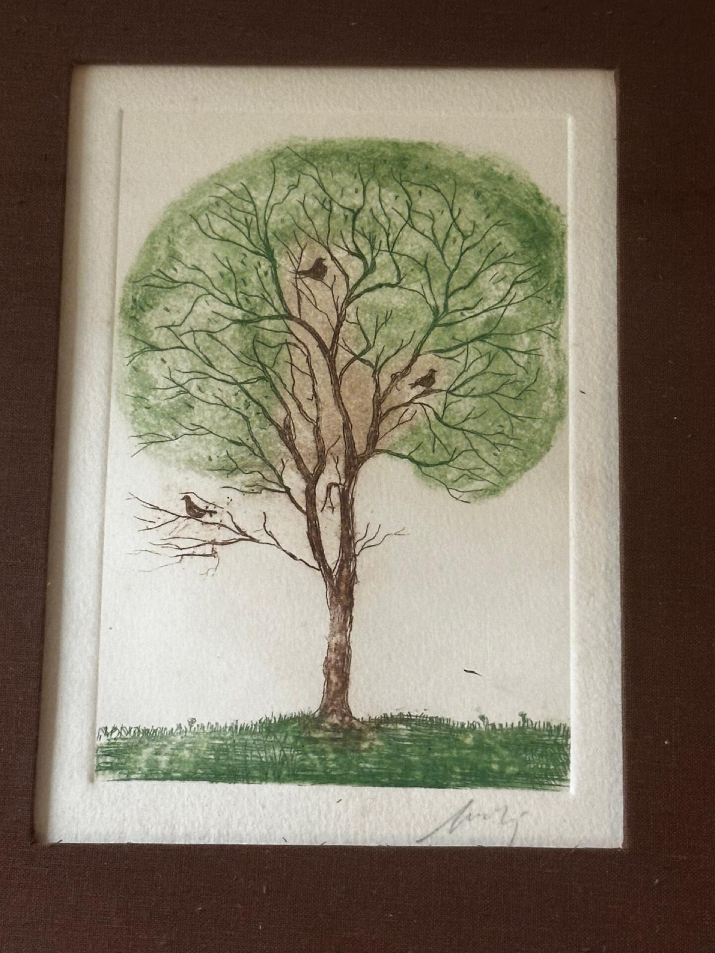 Original signed drawing – Tree with birds - frame 33/28 cm
