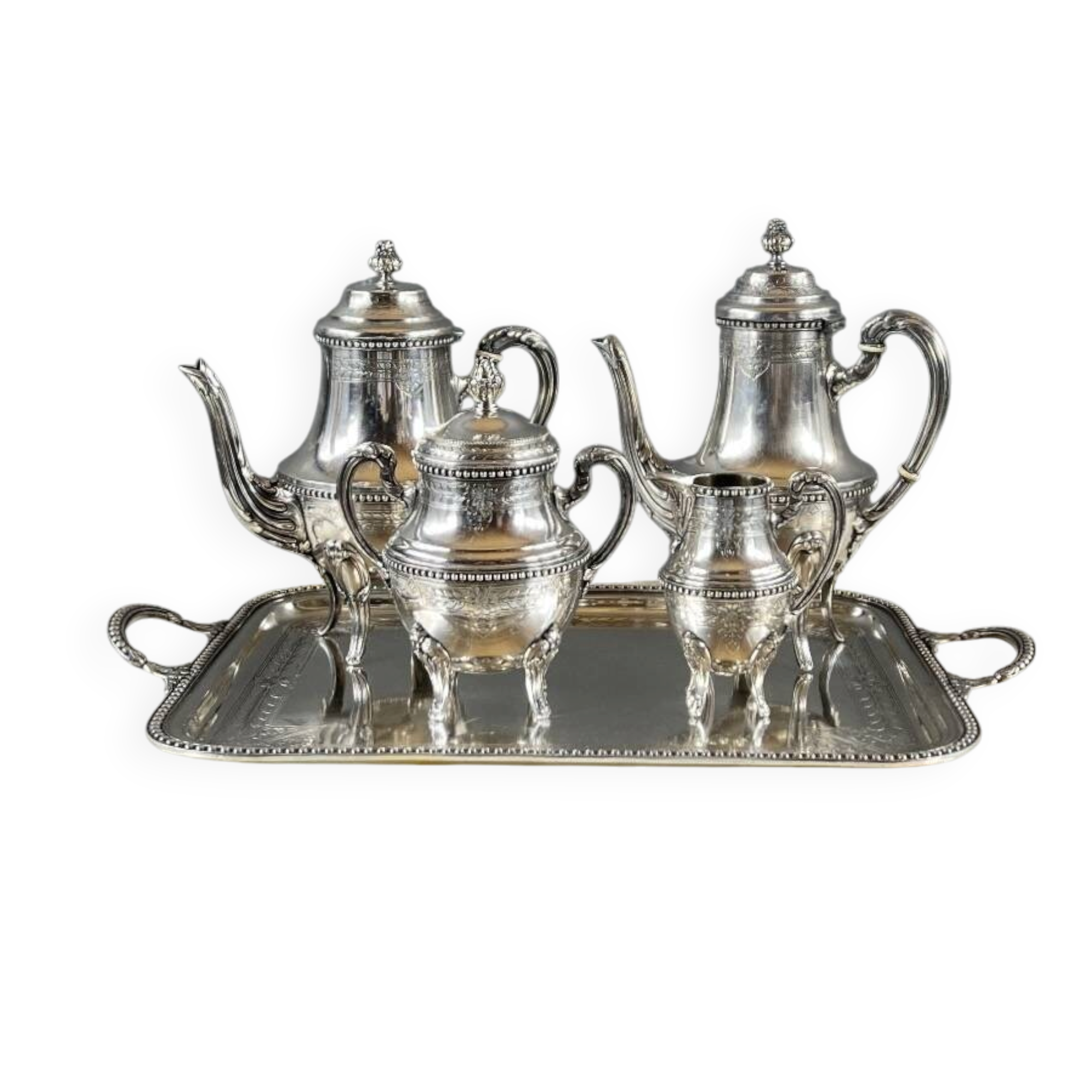 Silver-plated tea and coffee service, 5 pieces with tray, late 19th century.