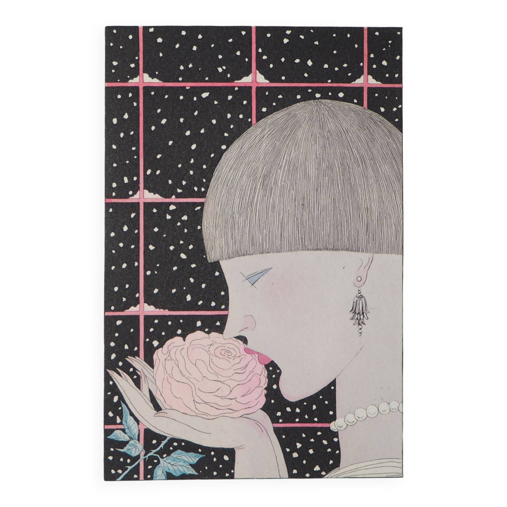 Georges Lepape: Art Deco, young woman with a rose, original signed engraving