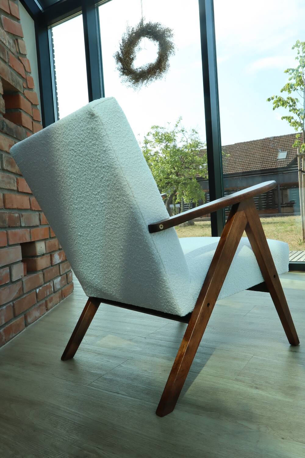 Vintage armchair mid century modern design white boucle dark walnut wood colour 1970 restored chair