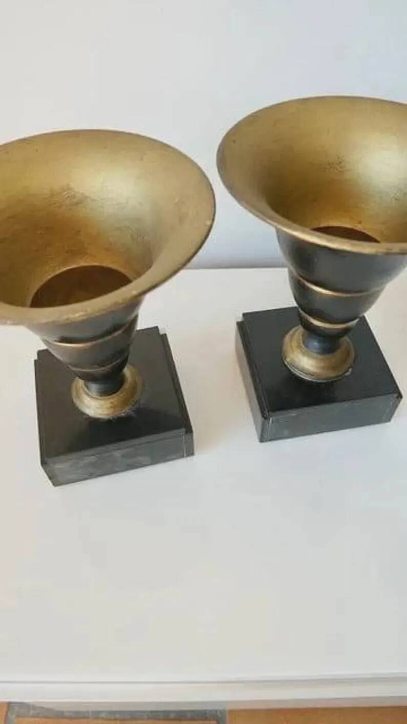 Superb pair of Art Deco enamelled brass cassolettes – black and white marble base – 1930s
