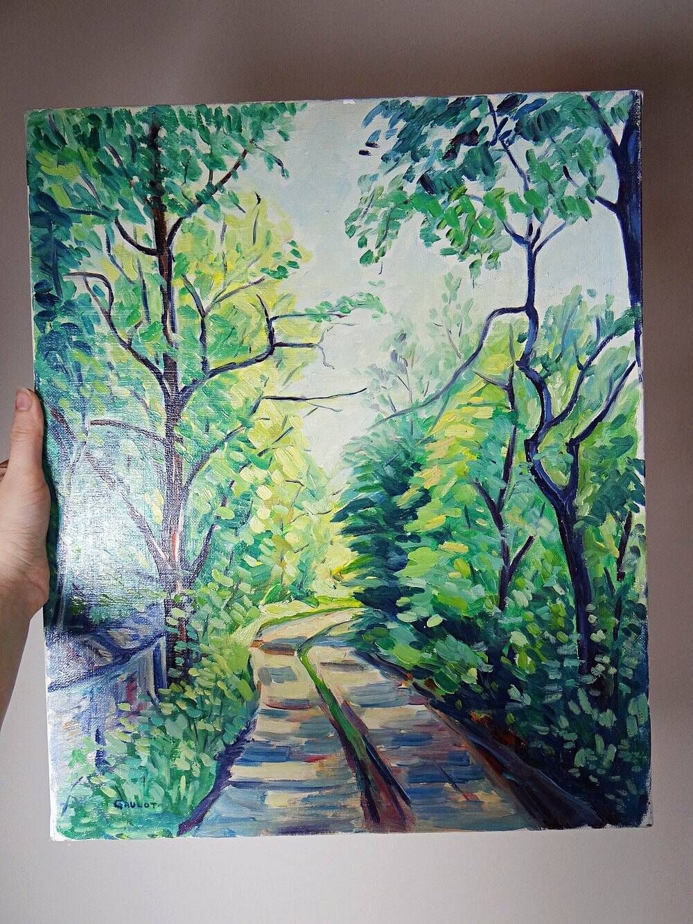Modern colourful landscape tableau oil on canvas vintage village signed Gaulot