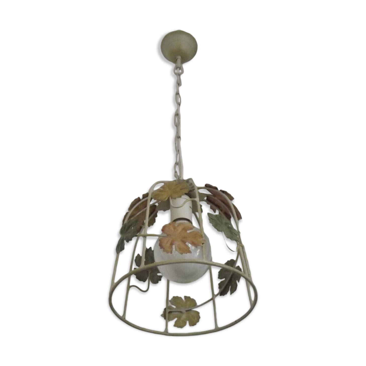 French vintage ceiling light in the shape of a cage with autumn leaves 4620