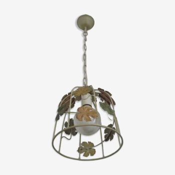 Vintage French Cream Cage Style Toleware Ceiling Light With Autumn Leaves 4620