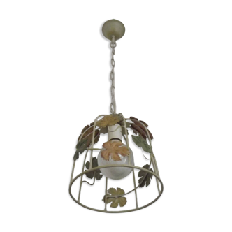 Vintage French Cream Cage Style Toleware Ceiling Light With Autumn Leaves 4620