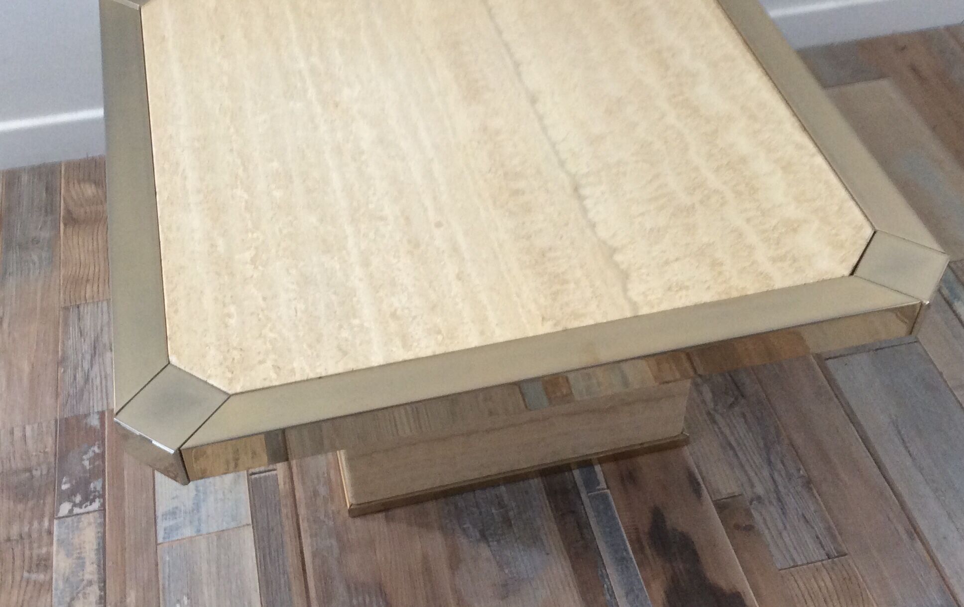 70s Belgochrom coffee table in travertine and gilded contour