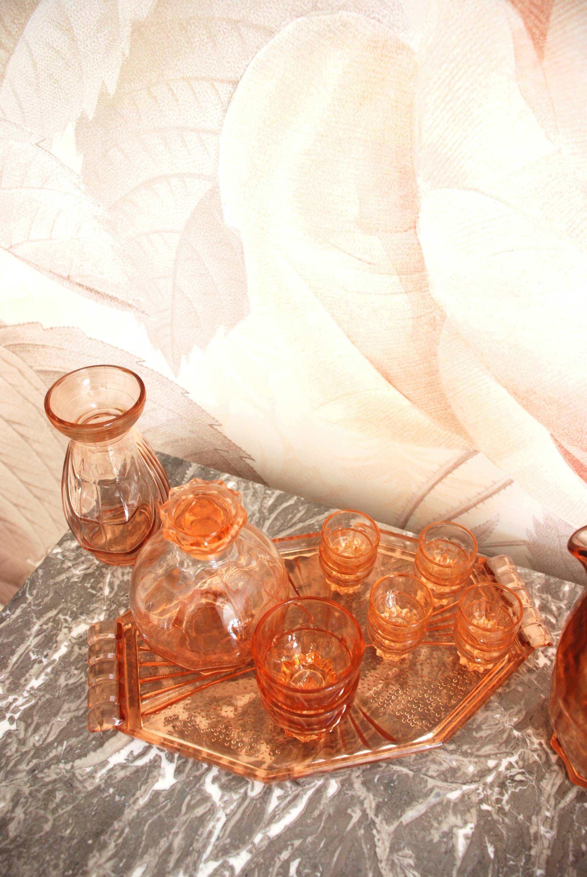 Pink glass liqueur set and accessories from the 1950s