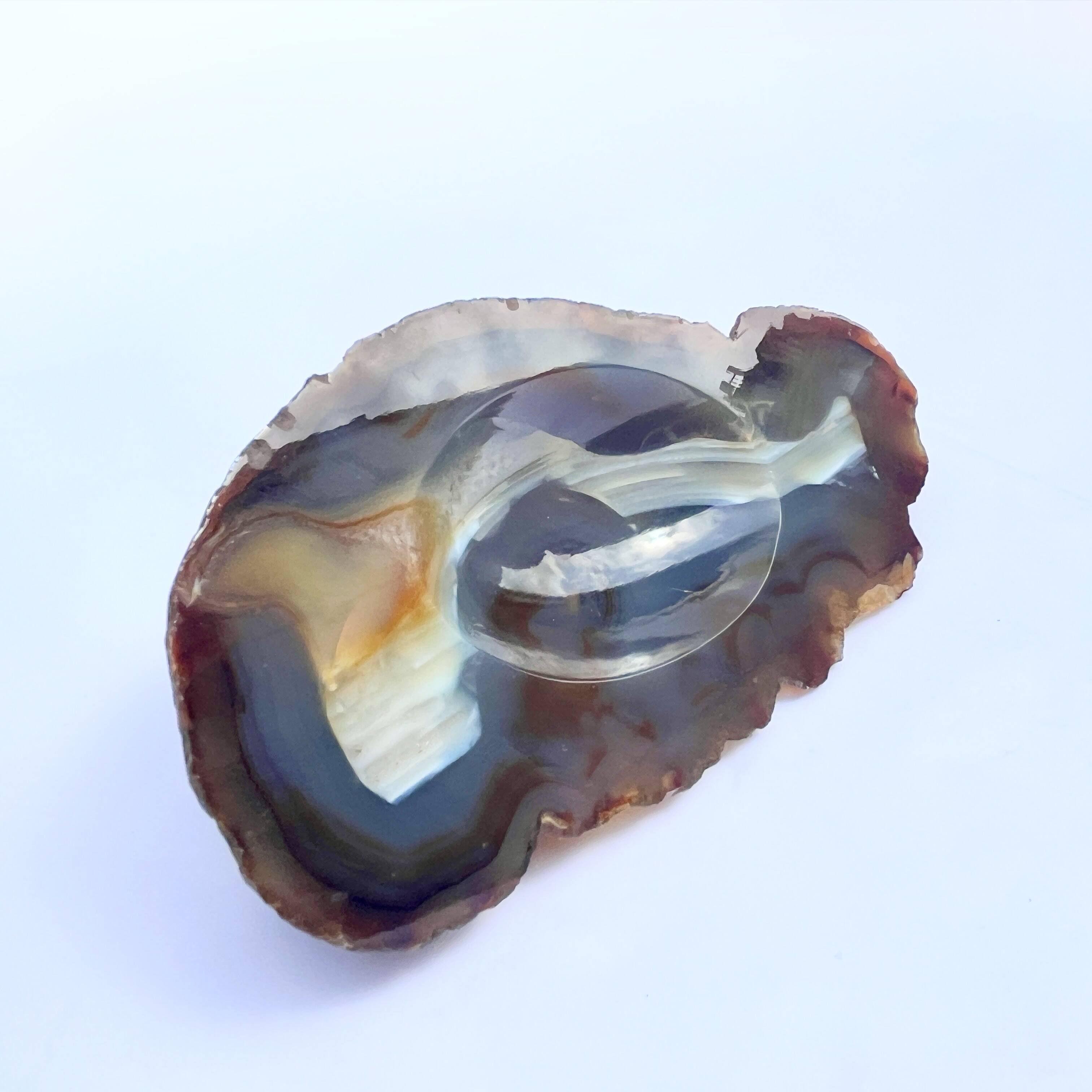 Vintage blue brown agate slice tray agate ashtray 1960