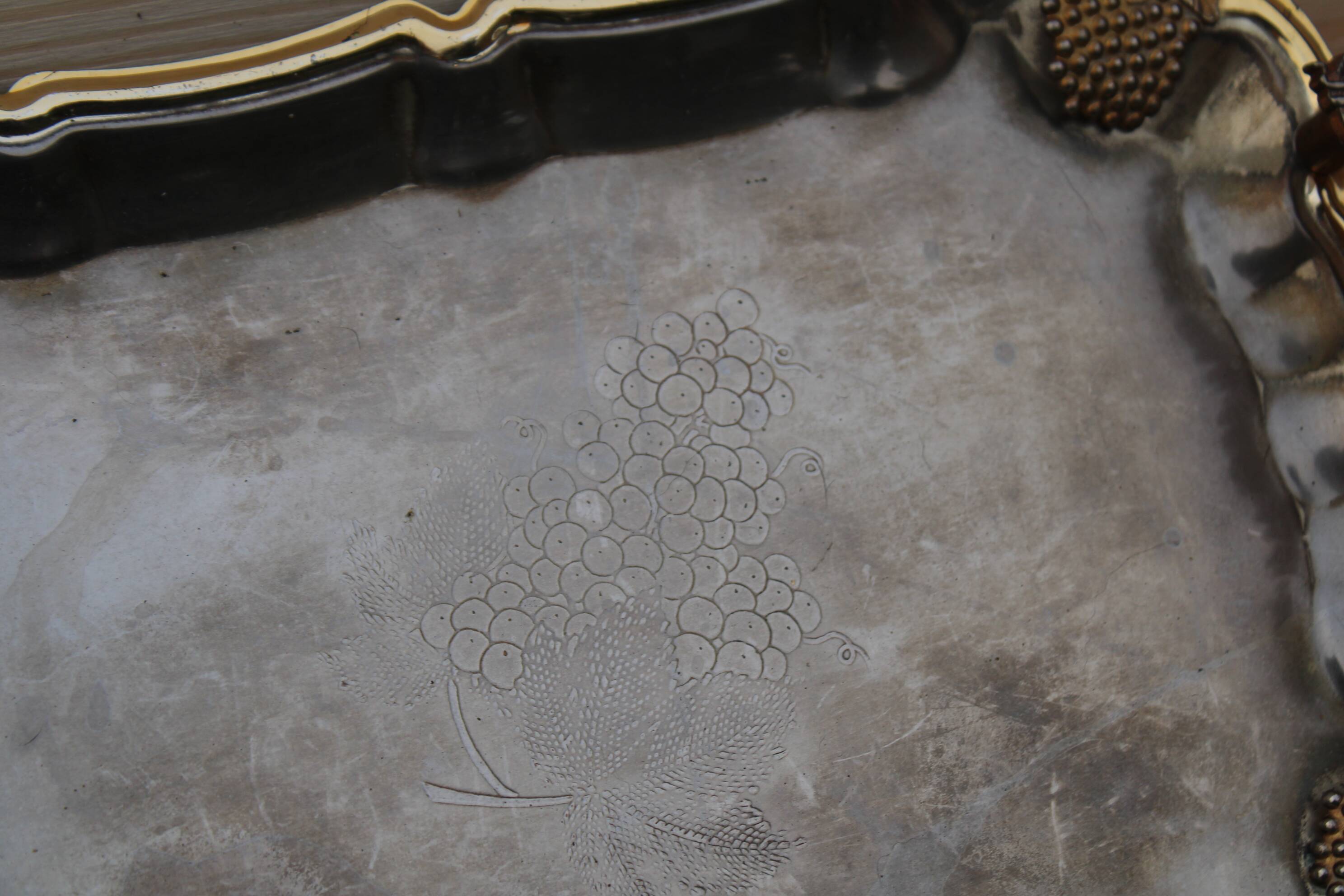 Antique silver-plated metal tray with gilt edges – Grape cluster motif