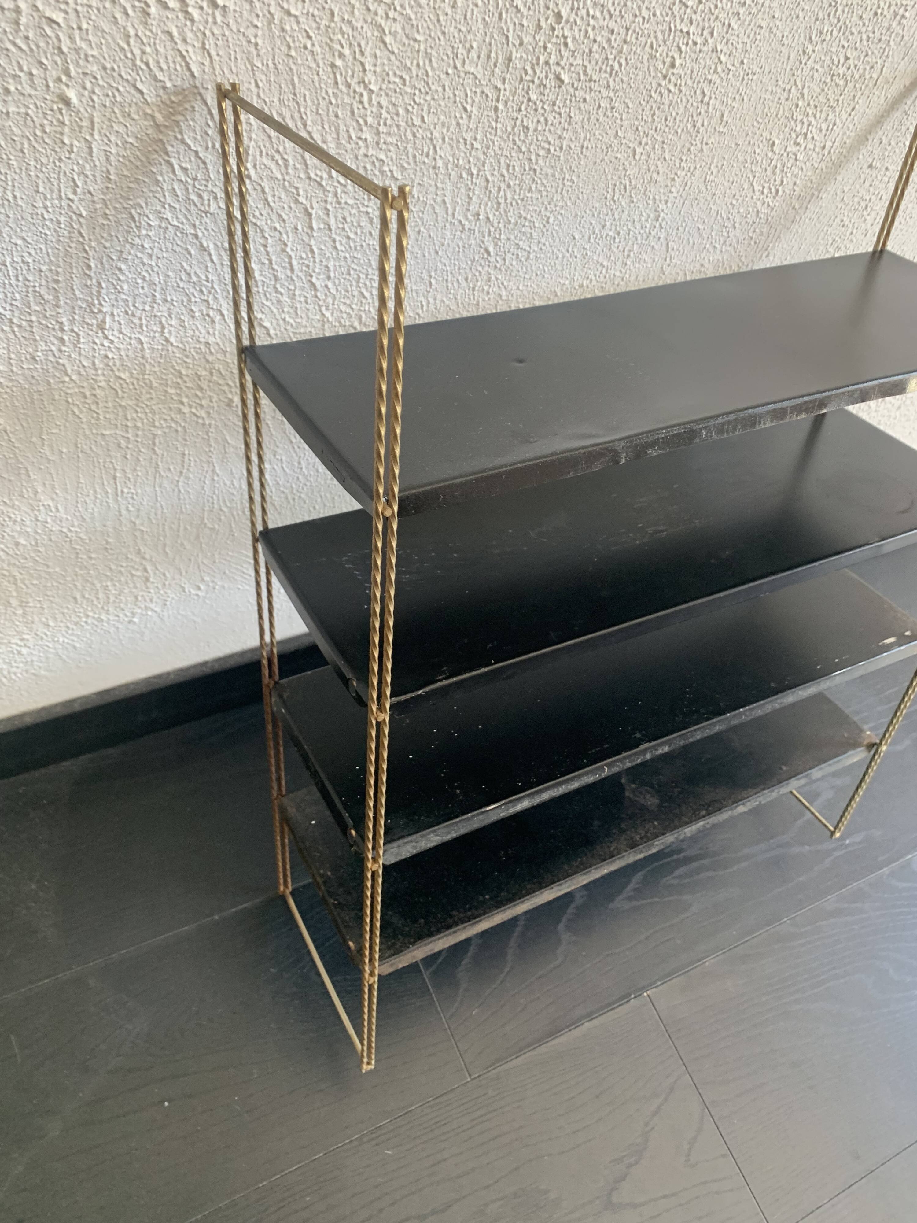 Vintage 1960 String wall shelf black and gold - 60 x 48 cm