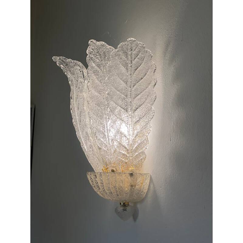 Set of Two Transparent Graniglia “Leaf” Murano Glass Wall Sconces