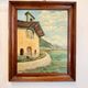 Ancienne huile sur panneau – Chapelle au bord d’un lac