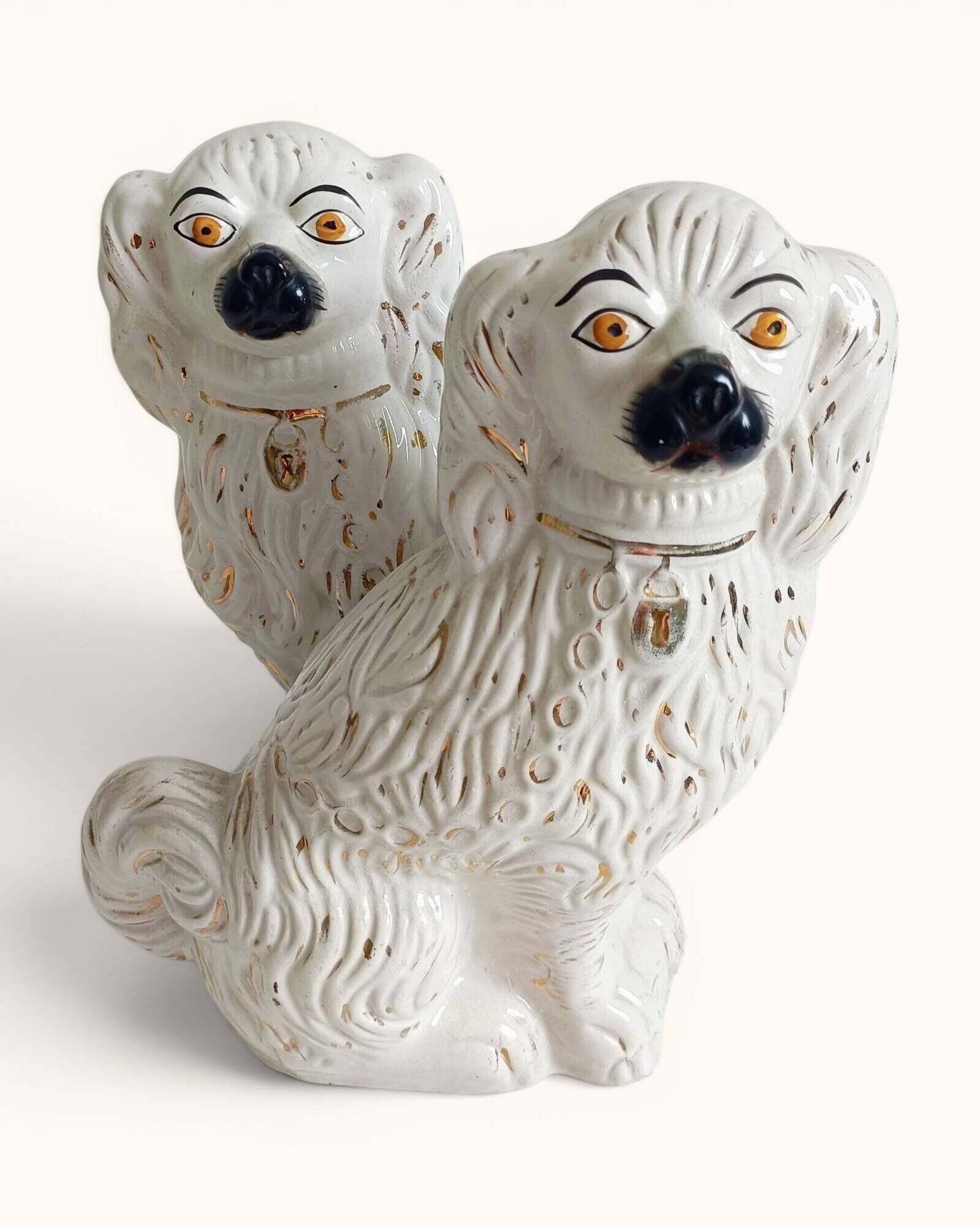 Pair of King Charles Spaniel dogs in Staffordshire majolica style.