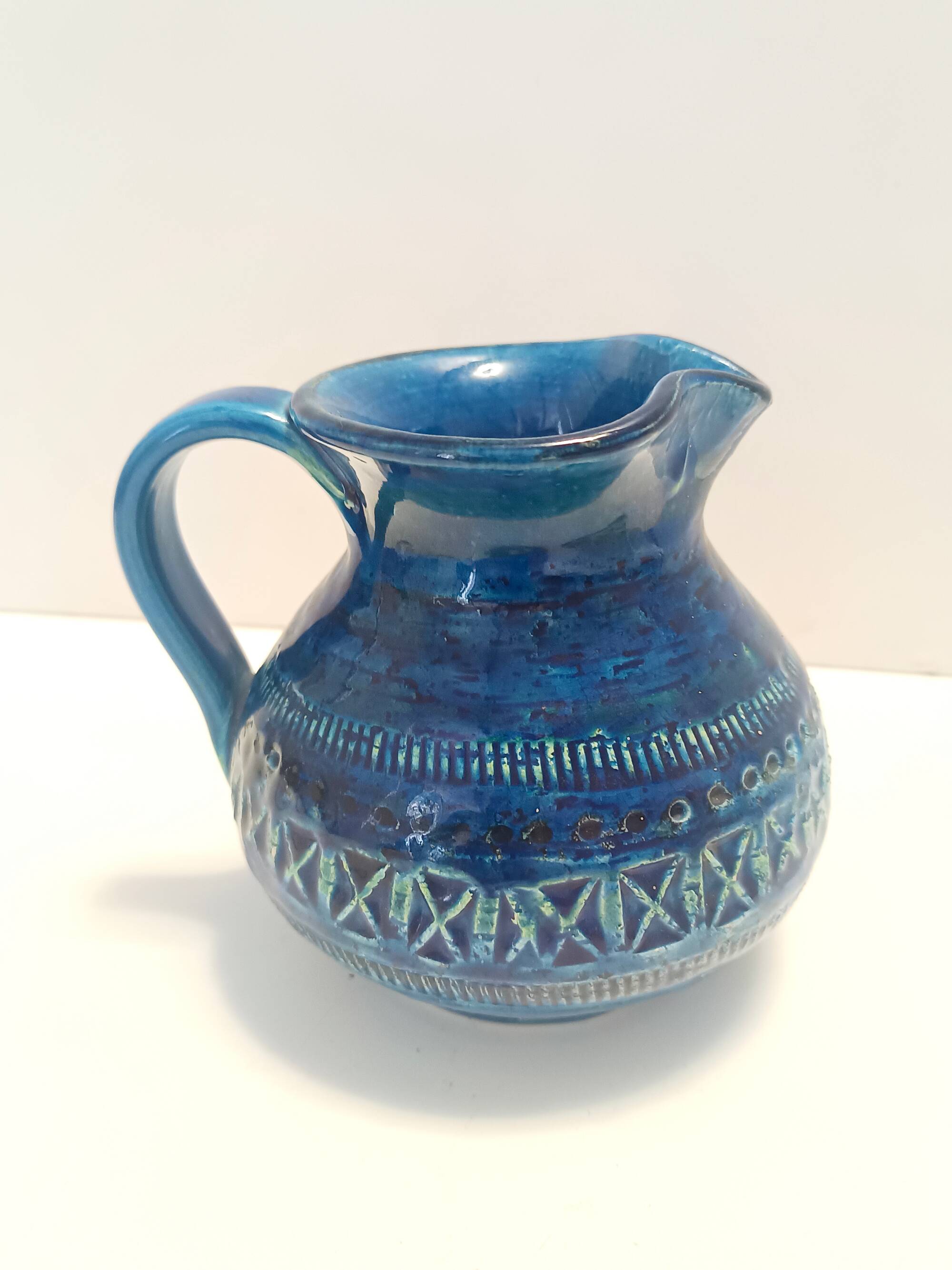 Handmade Rimini Blue Lacquered Ceramic Jug by Aldo Londi for Bitossi, Italy