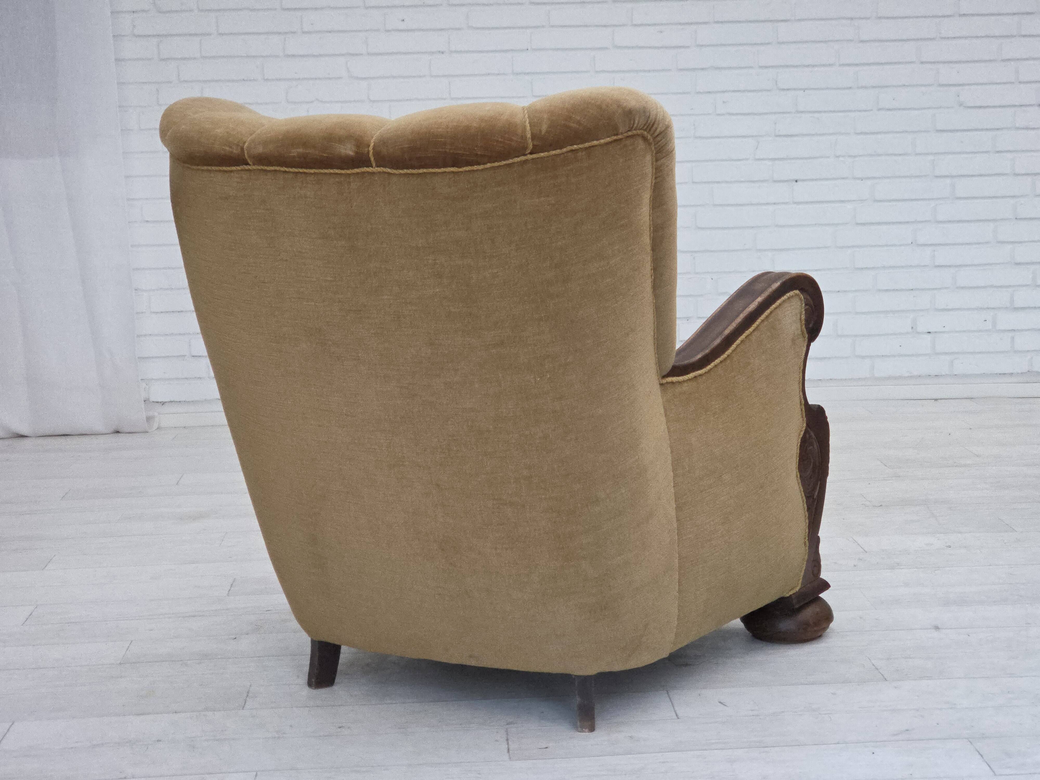 1960s, Danish relax chair, original green furniture velour, oak wood.