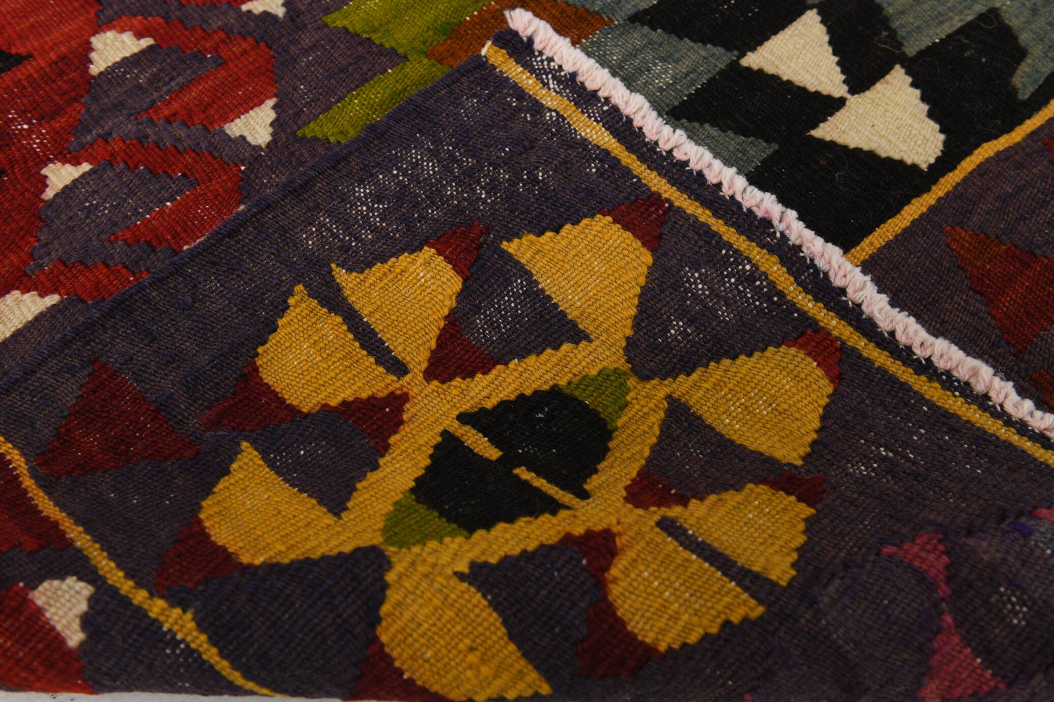 Geometric Pattern Burgundy  Turkish Vintage Kilim Rug, 188x338 Cm