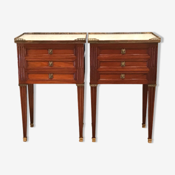 pair of Louis xvi style bedside tables in solid mahogany & writing drawer